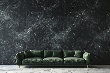 Lounge with a green olive sofa and black marble walls. An empty area perfect for showcasing art. 3D render