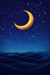 Naklejka premium Golden crescent moon shining over dark blue ocean at night