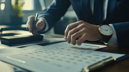 A person in a suit writing on a document with a watch and calendar on a desk.