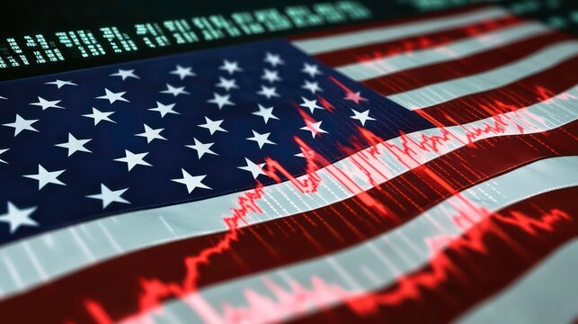 A digital representation of the American flag overlaid with data trends.