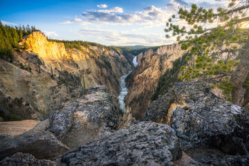 lower falls of the yellowstone national park from artist point at sunset, wyoming, usa