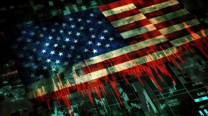 An abstract depiction of the American flag with digital elements and soundwave patterns.