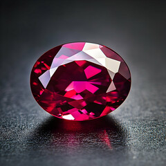 A radiant pink ruby gemstone with faceted edges, resting on a smooth dark surface under bright lighting.