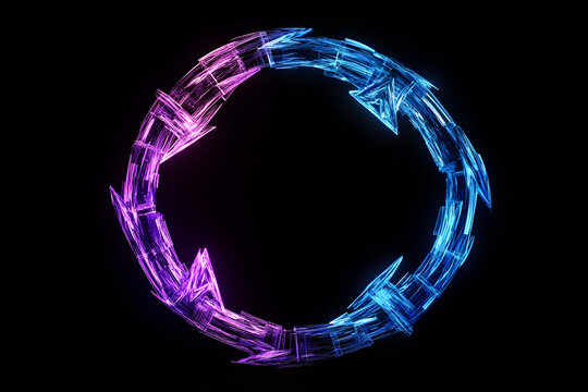 A vibrant Wireframe Circle in neon colors with collaboration arrows, isolated against a black backdrop in 3:2 aspect ratio and size 50.
