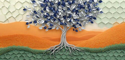 A stunning 3D mural of a tree with navy and silver leaves, rooted in a warm orange landscape, with a soft green hexagon-patterned background creating a serene, contemporary look.