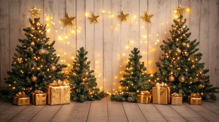 Christmas background with twinkling lights, white wooden paneling, and small pine trees with gold stars and gift box. Presents wrapped in gold paper under warm lighting. Snow-covered ground