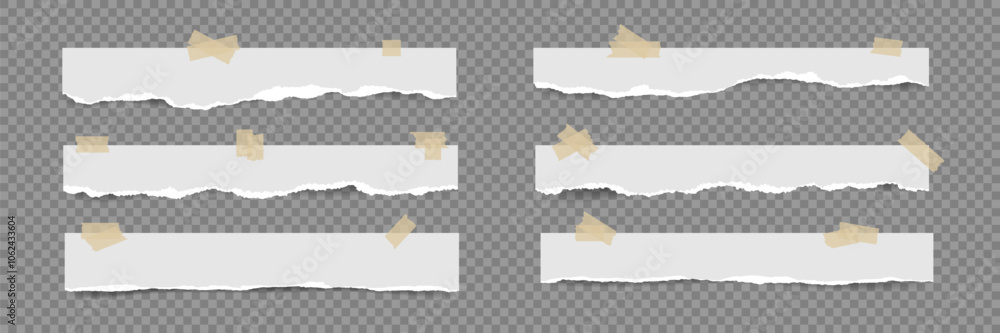 Aufkleber set of torn paper stripes glued with sticky tape. realistic notepad fragments taped with transparent