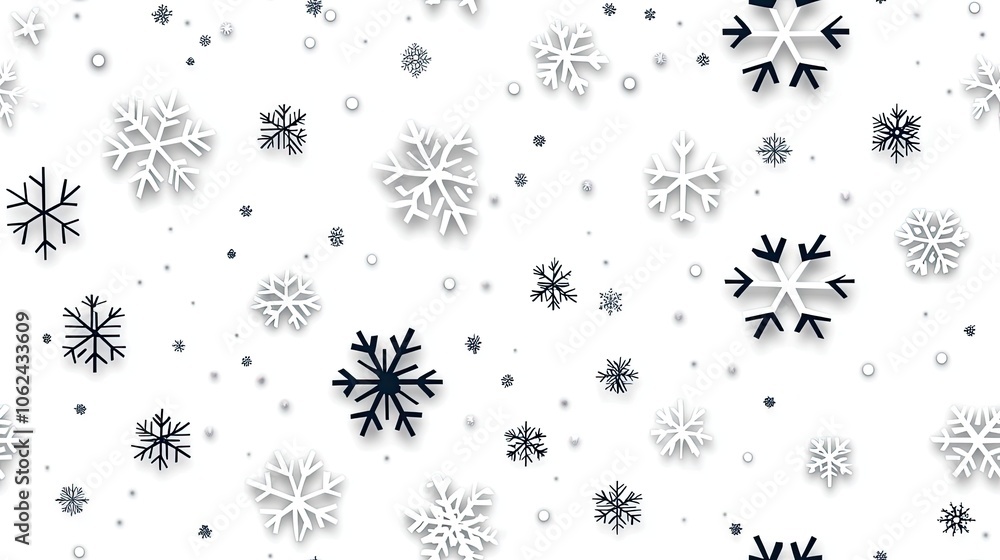 Poster three-dimensional white paper snowflakes float gracefully against a soft grey backdrop, creating a w