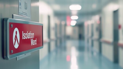Fototapeta premium A red sign with the words 'Isolation Ward' is mounted on a door in a hospital hallway.