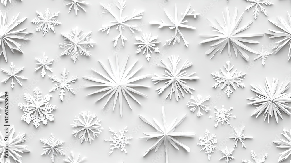 Poster three-dimensional white paper snowflakes float gracefully against a soft grey backdrop, creating a w