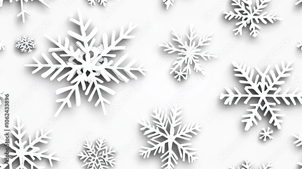 Poster three-dimensional white paper snowflakes float gracefully against a soft grey backdrop, creating a w