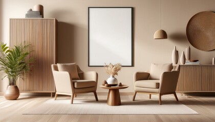 Beige and wooden living room with armchairs, dresser and poster