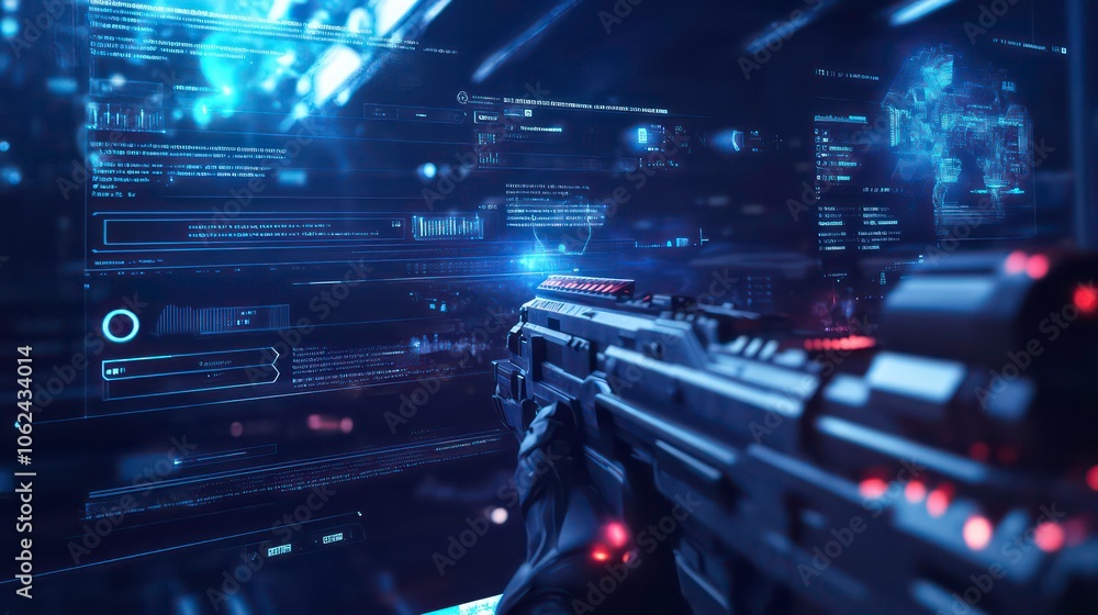 Aufkleber a futuristic scene featuring a gun aimed at a digital interface with glowing data elements.
