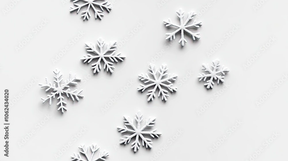 Poster three-dimensional white paper snowflakes float gracefully against a soft grey backdrop, creating a w