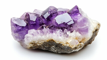 Fototapeta premium A purple amethyst crystal cluster with raw, pointed formations on a white background