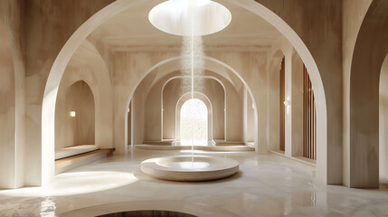  An interior design of a luxury hammam with white and beige colors