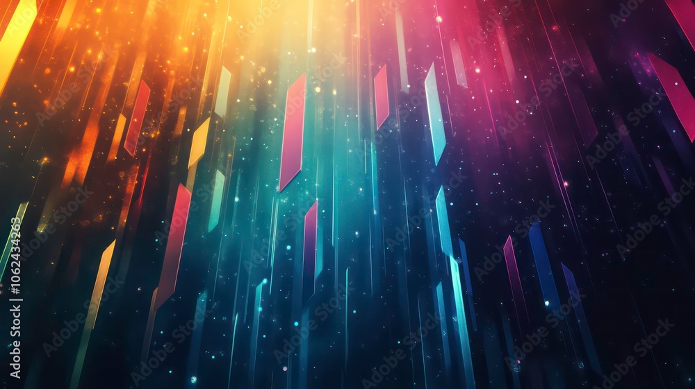 Poster abstract digital artwork featuring vertical shapes and a gradient background with light effects.