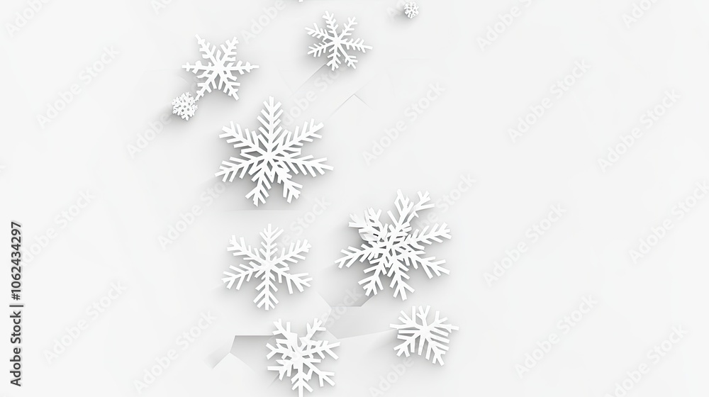 Poster three-dimensional white paper snowflakes float gracefully against a soft grey backdrop, creating a w