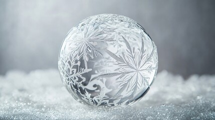 A crystal-clear glass ornament with floating snowflakes inside, accented by frosty patterns on the...