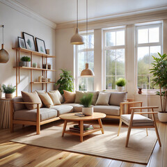 Fototapeta premium a living room with a velvet sofa