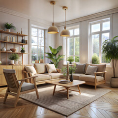 Fototapeta premium a living room with a velvet sofa