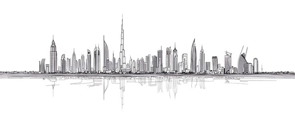 Naklejka premium Minimalist line art skyline of Dubai, continuous single line drawing iconic landmarks.