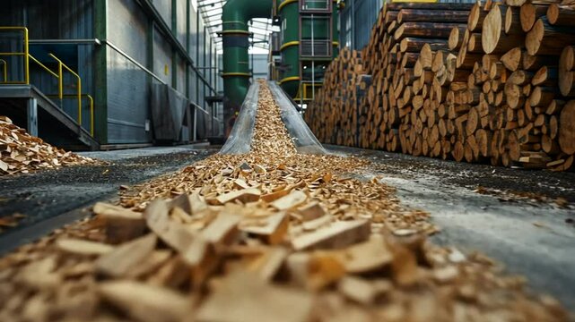 A wood processing facility showcases machinery converting raw logs into wood chips. The conveyor transports the chopped wood product in an industrial setting