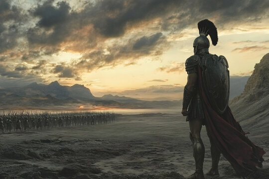 a silhouetted Spartan figure at dawn facing an endless horizon filled with enemy warriors