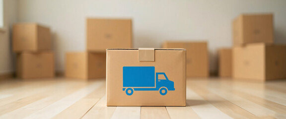 A cardboard box with a blue truck icon stands on a wooden floor with additional boxes blurred in the background. This image represents shipping, delivery, and logistics, ideal for e-commerce or moving
