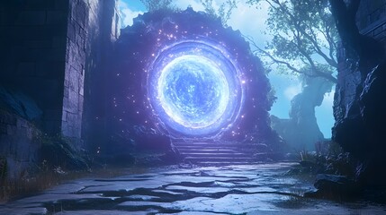 Obraz premium A glowing shimmering portal that appears in an ancient room