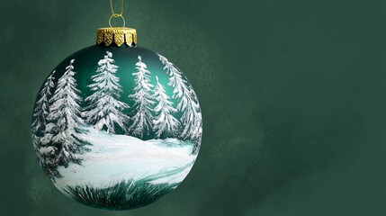 A hand-painted glass ball ornament with snowy trees and a winter landscape scene, set against a deep green background