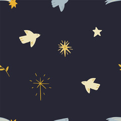 Christmas pattern background with cute hand drawn birds and stars. Vector seamless pattern. Trendy print for textiles, wallpaper and packaging. Perfect for holiday decorations..
