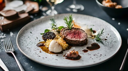 A gourmet plate with artfully arranged dishes