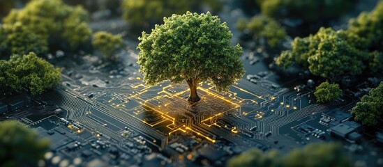 A tree grows on a circuit board, representing the connection between nature and technology.