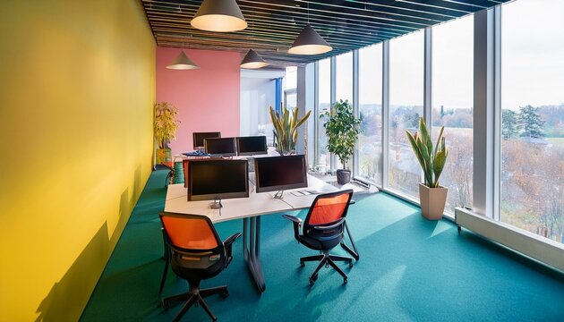 Colored coworking interior with pc monitors and armchairs, window. Mockup wall