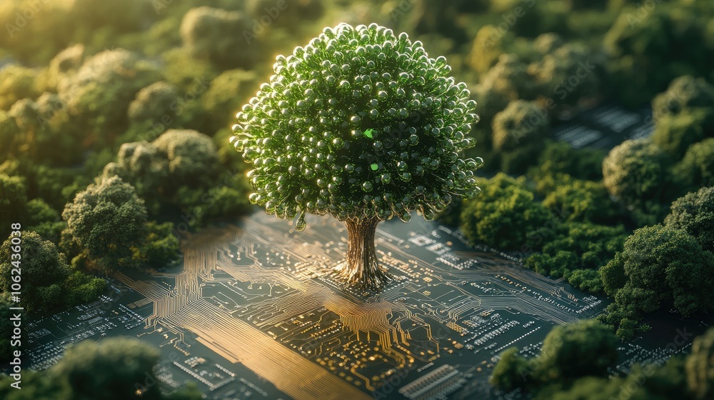 Poster a single green tree grows from a computer circuit board surrounded by a forest, symbolizing nature a