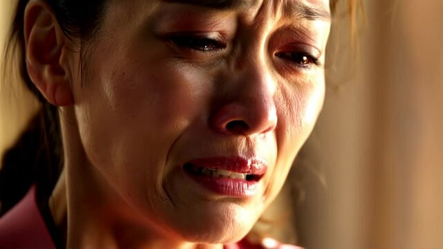  Woman crying with emotional expression in warm light