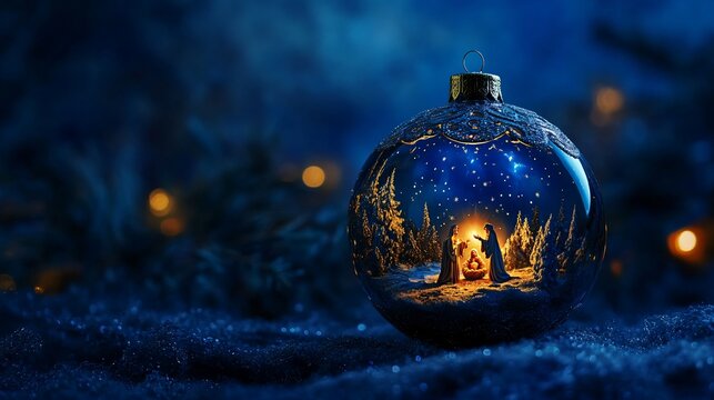 An ornate glass Christmas ball with a miniature nativity scene painted inside, softly glowing against a midnight blue background