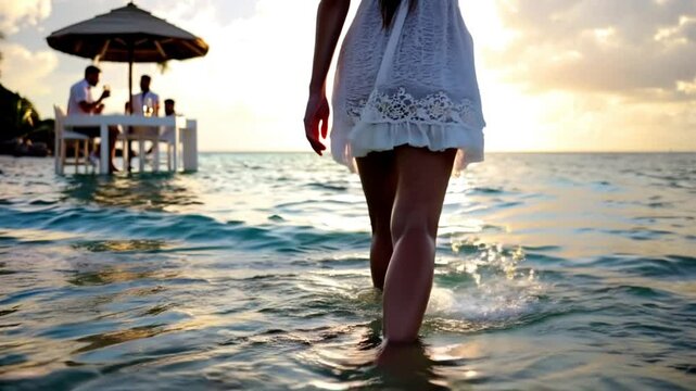 Woman walking through water at beachside restaurant