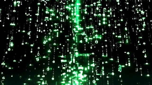 Green digital matrix code cascading on black background