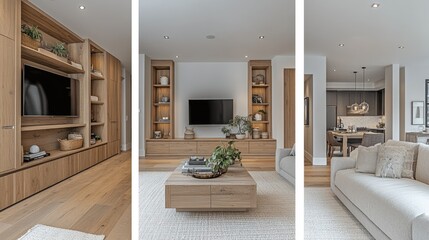A modern living room with white walls, a large TV, a beige sofa, a wooden coffee table, and plants.