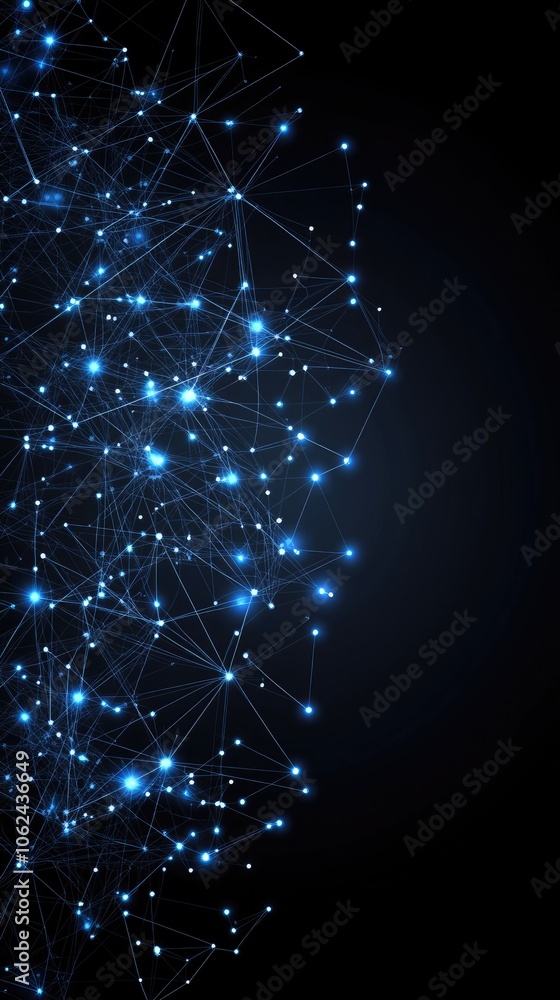Poster a mesmerizing display of glowing blue connections and dots forms an abstract network against a dark 