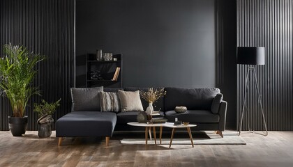 Dark living room interior with black empty wall