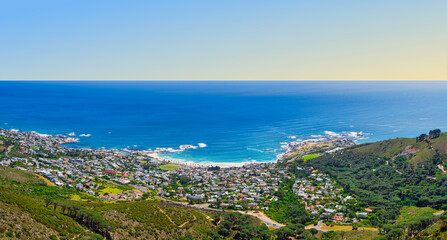 Spring panorama of Clifton, Bakoven, Camps Bay, clear blue sky, Cape Town, South Africa © Arnold