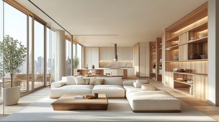 Modern living room with large windows, white couch, and wooden coffee table.