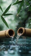 Bamboo water fountain flowing gently into a serene pond surrounded by vibrant green foliage
