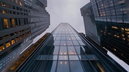 A stunning low-angle perspective captures modern skyscrapers reaching towards a bright blue sky dotted with clouds in bustling Gotham City