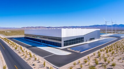 Aerial view of a modern data center with solar panels, and several wind turbines. 
