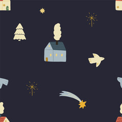 Christmas pattern background with cute hand drawn birds,stars and cozy houses. Vector seamless pattern. Trendy print for textiles, wallpaper and packaging. Perfect for holiday decorations.