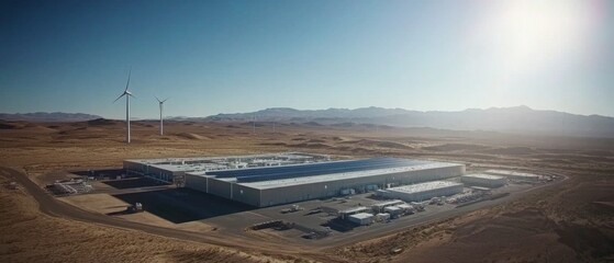 Aerial view of a modern data center with solar panels, and several wind turbines. 

